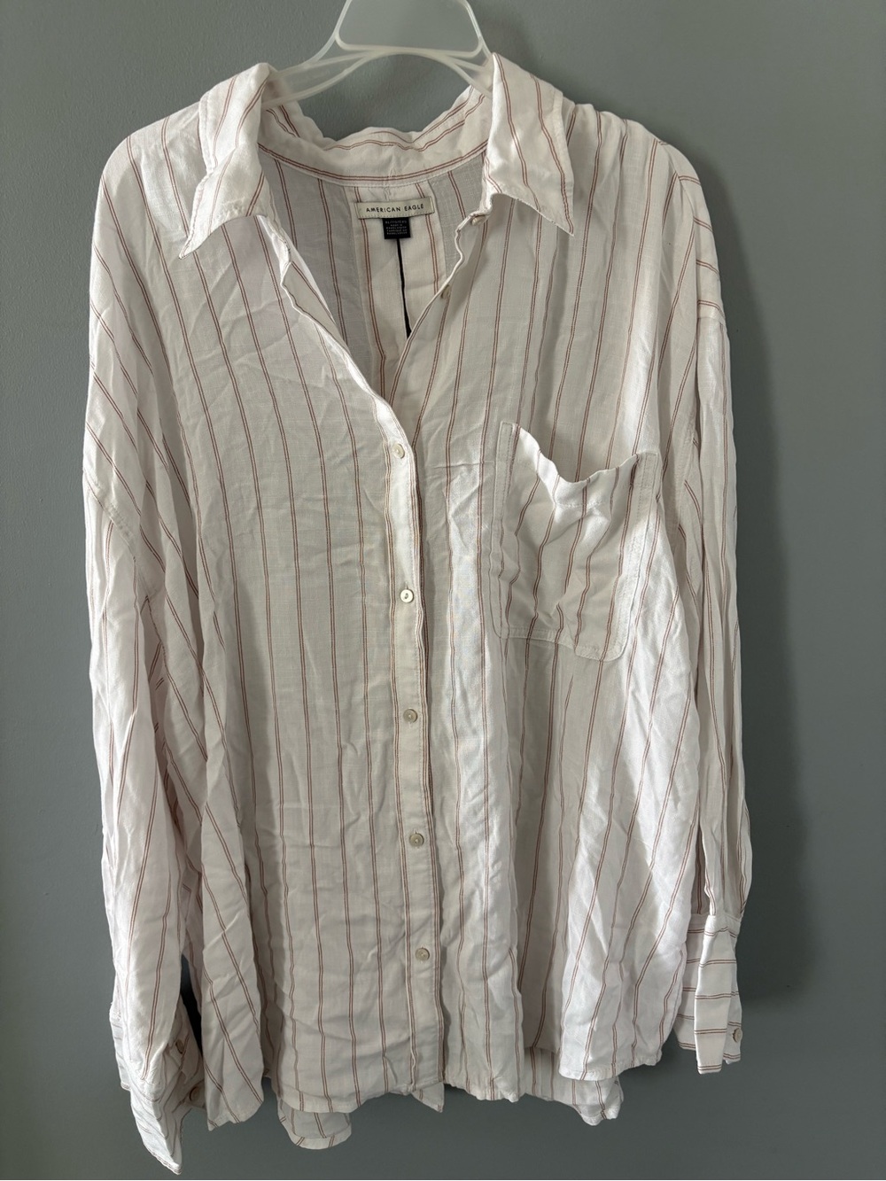 American Eagle White Button-Up Shirt with Rust Pinstripes- Open Back